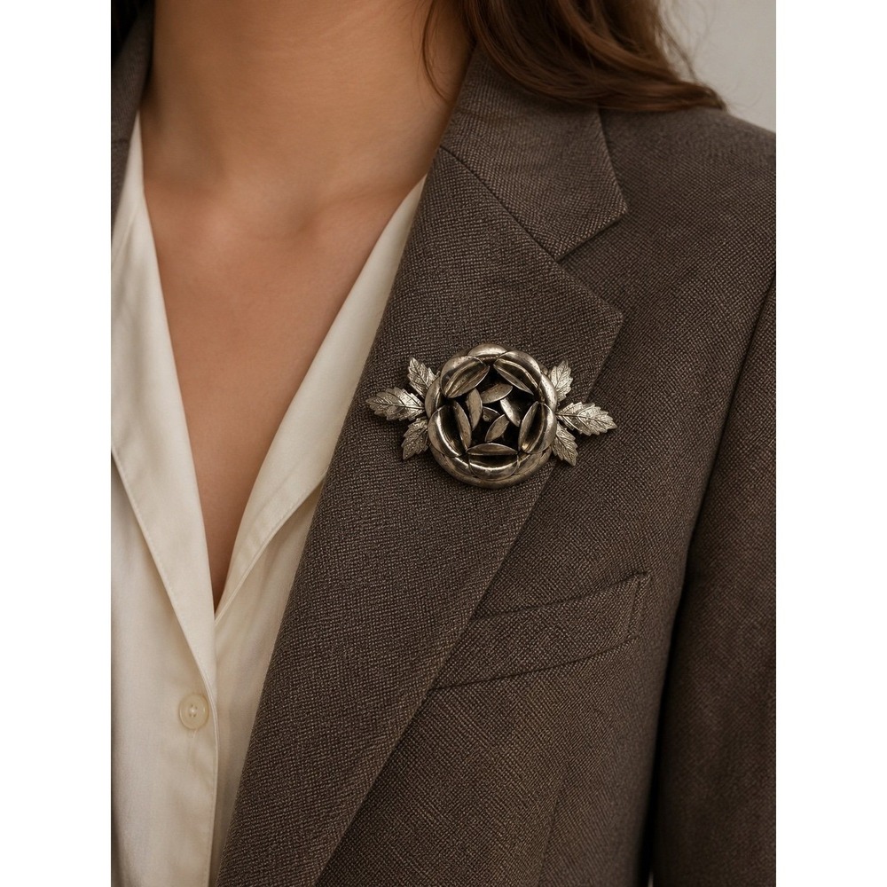 Vintage Silver Tone Rose with Leaves Brooch